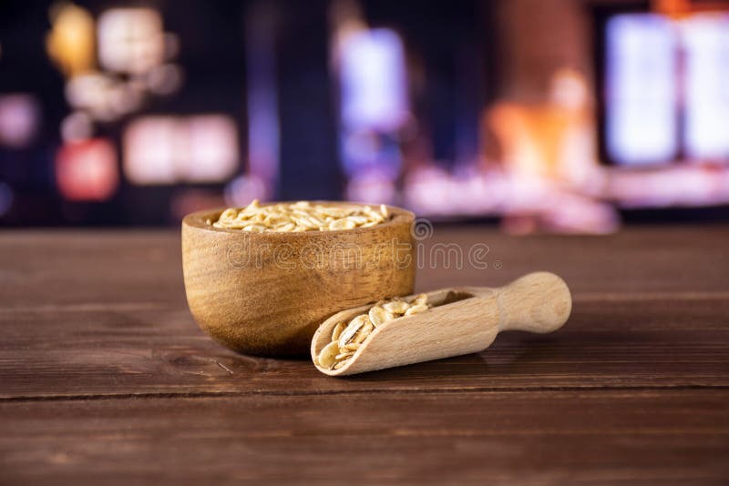Flat raw rolled oats with restaurant stock photography Flat raw rolled oats with restaurant stock photography