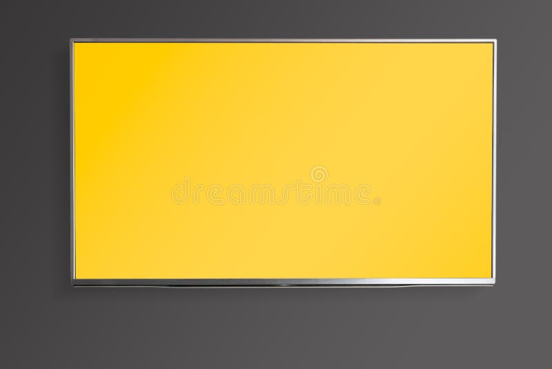 Flat Smart TV Mockup with Blank Yellow Screen Hanging on Gray Wall