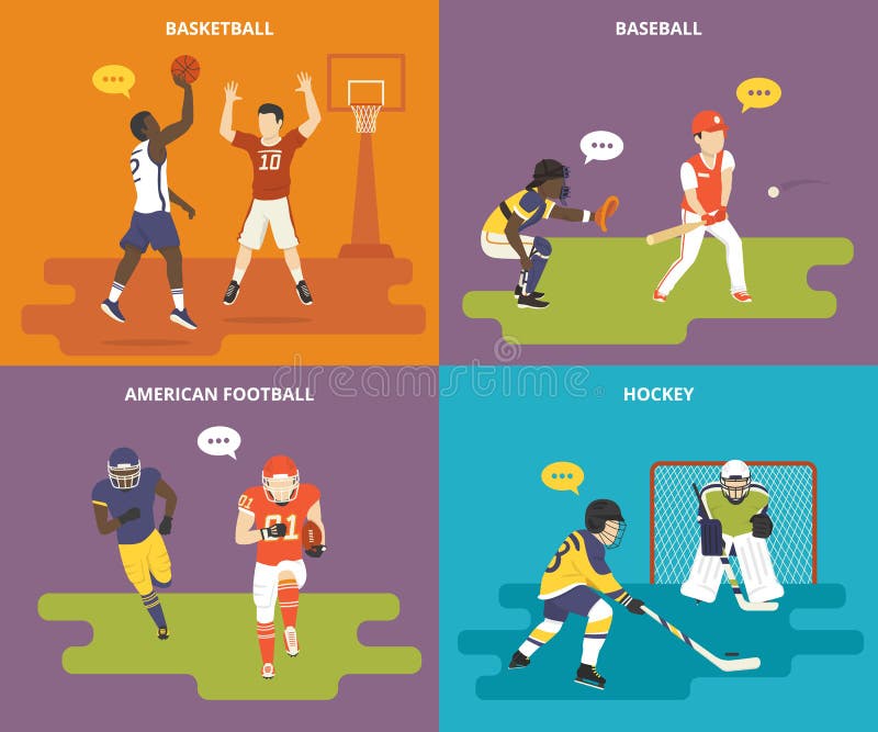 Flat sport icons set of basketball game players, teenagers playing baseball, athlete guy plays american football and young boys are playing ice hockey