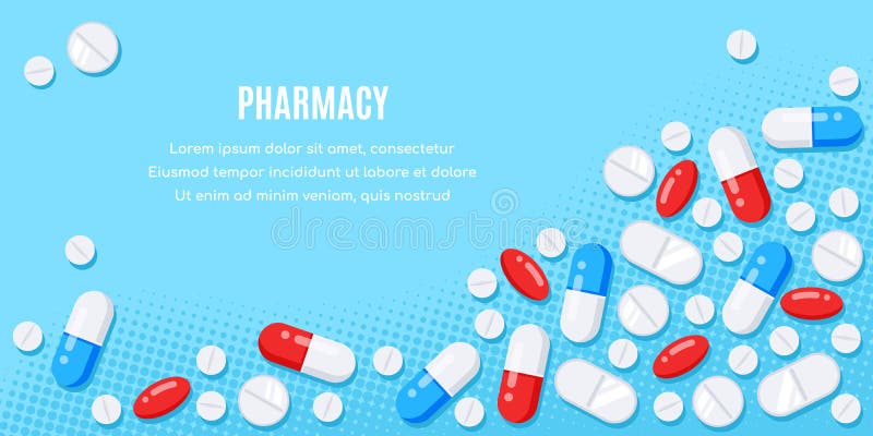 Flat Style Banner with Medical Drugs, Tablets and Pills Stock Vector ...