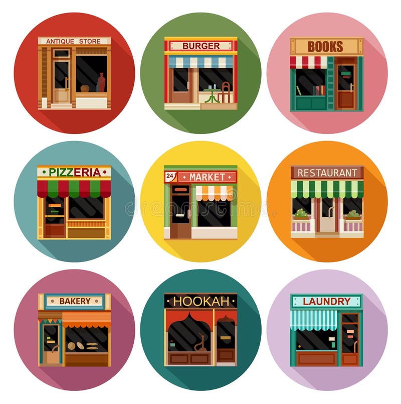 Flat shop store icon set