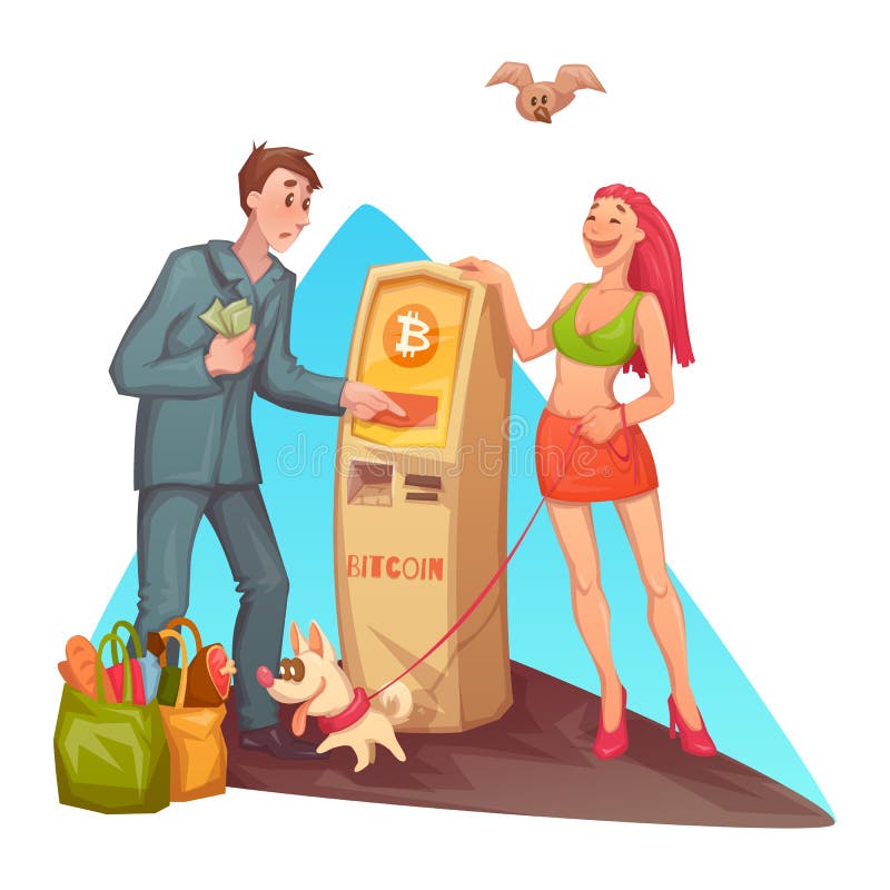 Vector cartoon man at bitcoin ATM royalty free illustration Vector cartoon man at bitcoin ATM royalty free illustration