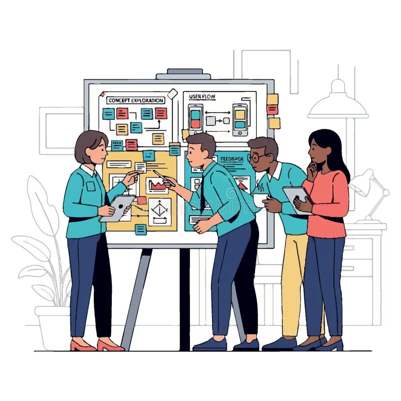 Diverse Team Collaborating on UX UI Design Concept Exploration and User Flow Strategy Flat style 2D Illustration vector illustration