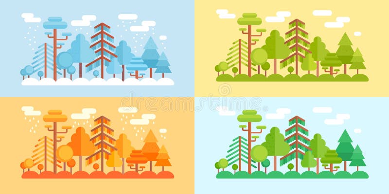 Flat Style Forest Scenery, four stylized seasons royalty free illustration