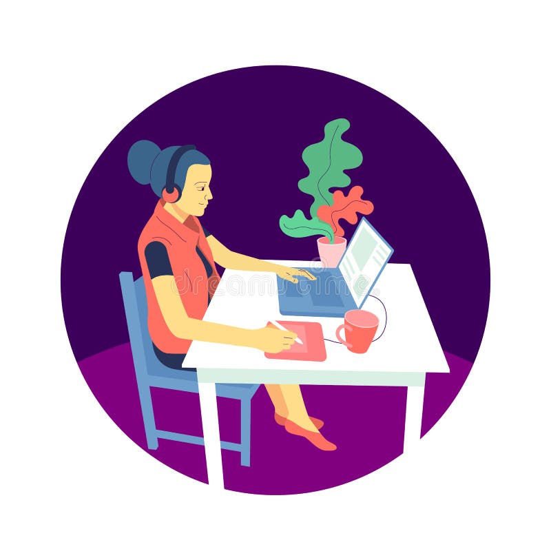 Flat style girl designer is sitting at desk and working with laptop, using graphic tablet stock illustration Flat style girl designer is sitting at desk and working with laptop, using graphic tablet stock illustration