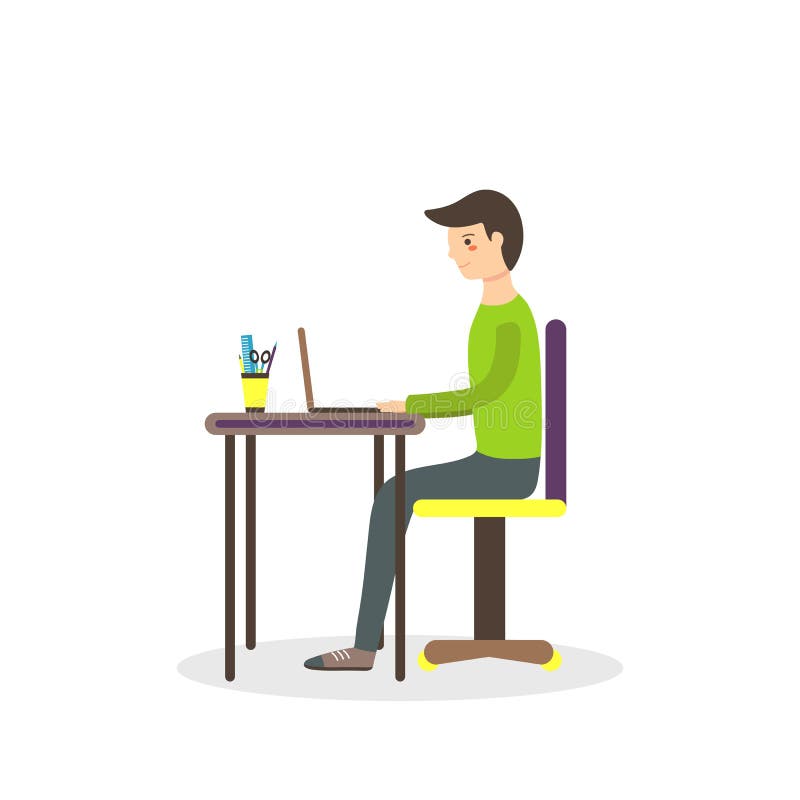 Flat style man, student sitting on the chair with laptop