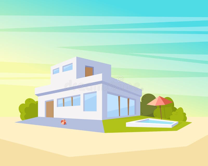 Flat Style Modern Architecture House with Pool and Green Lawn. Beautiful Landscape Vector Drawing in The Perspective