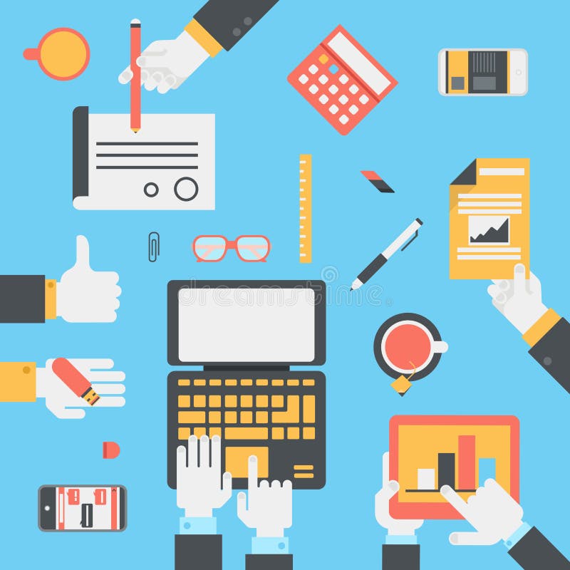 Flat style modern business technology desktop hands icon set stock illustration