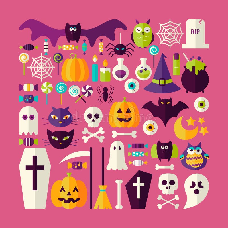 Flat Style Vector Big Set of Halloween Holiday Objects and Eleme