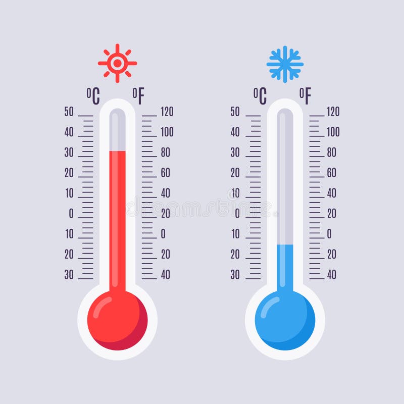 Flat thermometers. Hot and cold mercury thermometer with fahrenheit and celsius scales. Warm and cool temperature vector