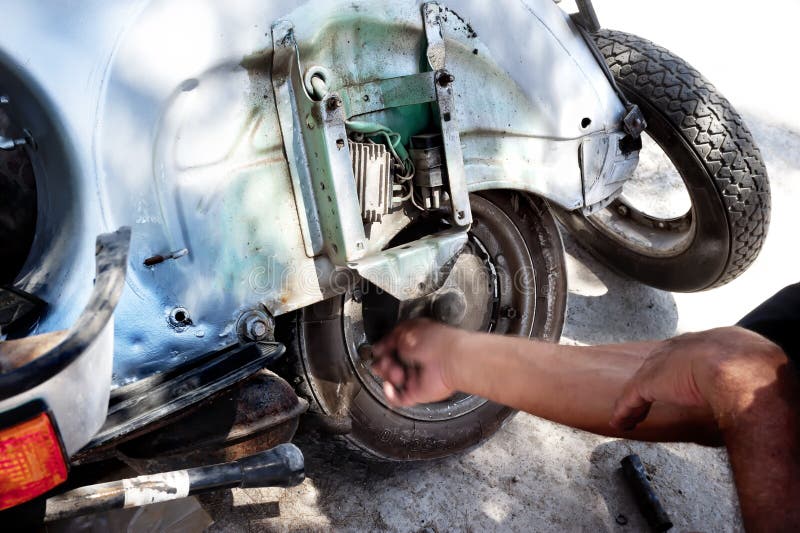 Flat Tire Change on a Scooter Stock Image Image of damage, motorcycle