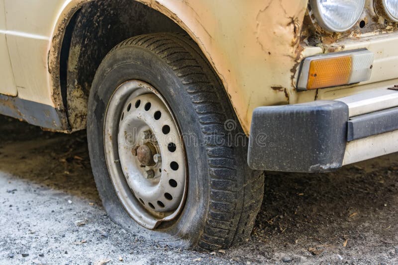 Flat Tire Of An Old Car On Road Stock Photo Image Of Problem