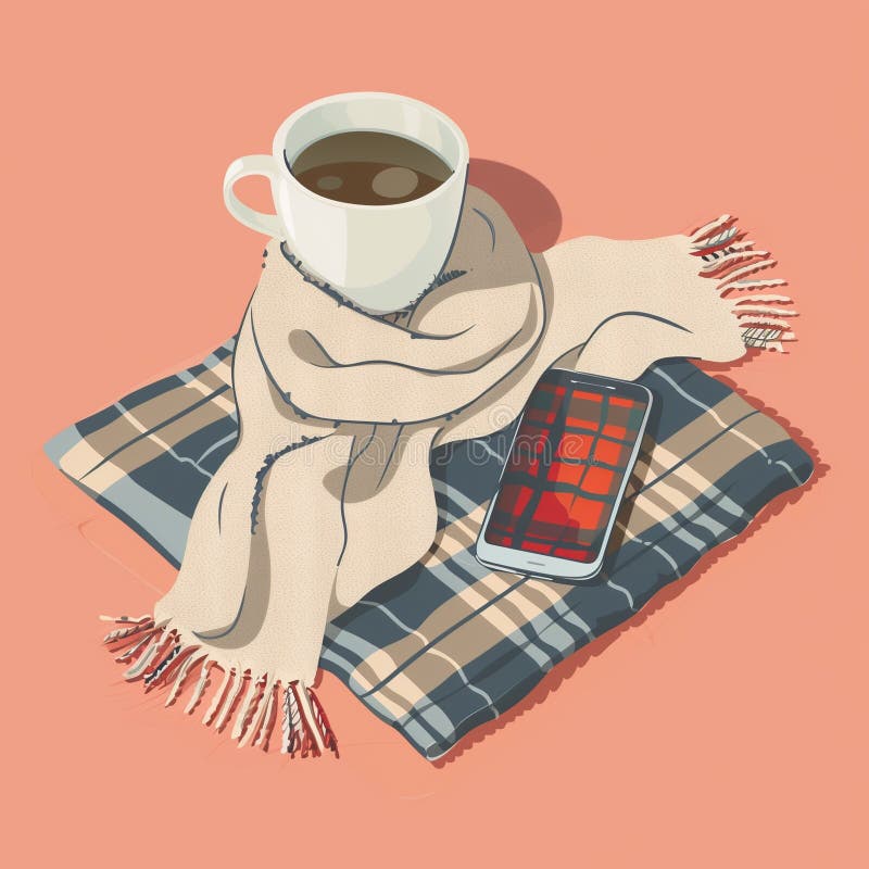 Flat, tjockt scen med kaffesmug och scarf ai royaltyfri illustrationer