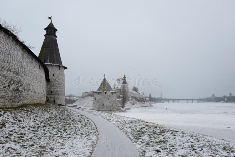 Flat tower. Pskov Krom the Kremlin built the end of the XI century - the beginning of the XII century. Pskov. Russia. Flat tower. Pskov Krom the Kremlin built the end of the XI century - the beginning of the XII century. Pskov. Russia.