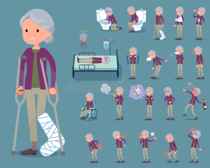 Set of various poses of flat type Purple clothes grandmother_sickness