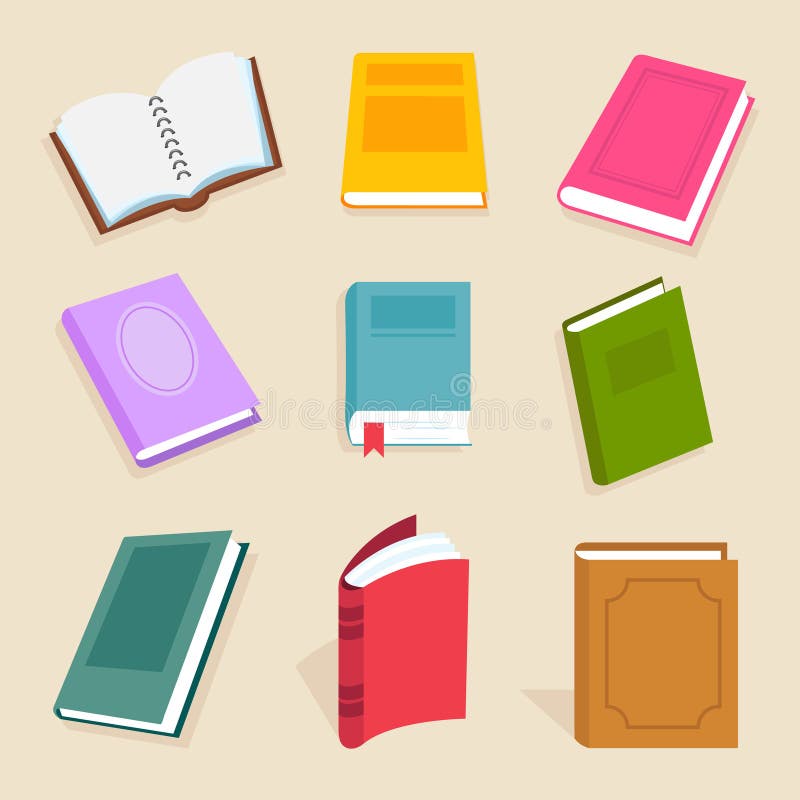 Flat vector books and reading documents. Open science textbook, encyclopedia and dictionary icons stock illustration