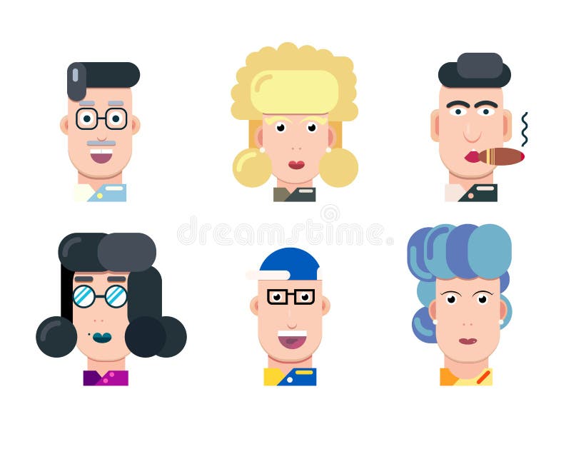 Flat vector characters portrait set. Vector avatars. Smiling happy people. Happy emotions. Vector portraits. vector illustration Flat vector characters portrait set. Vector avatars. Smiling happy people. Happy emotions. Vector portraits. vector illustration