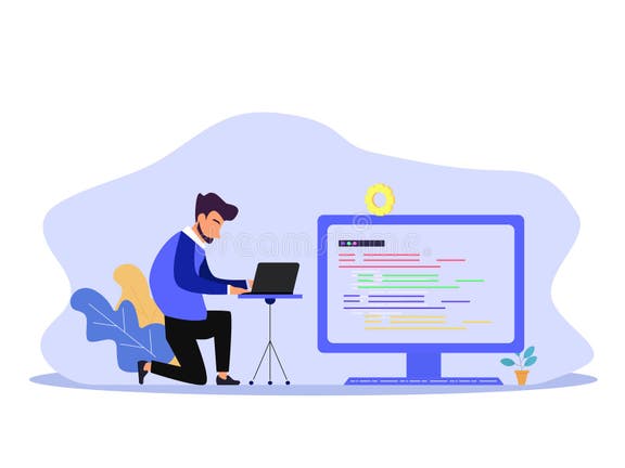 Flat Vector Concept Illustration of Character Working with Laptop Stock ...