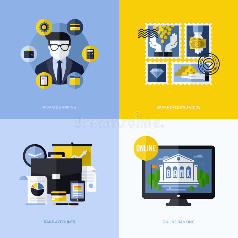Flat vector design with banking symbols and icons stock illustration