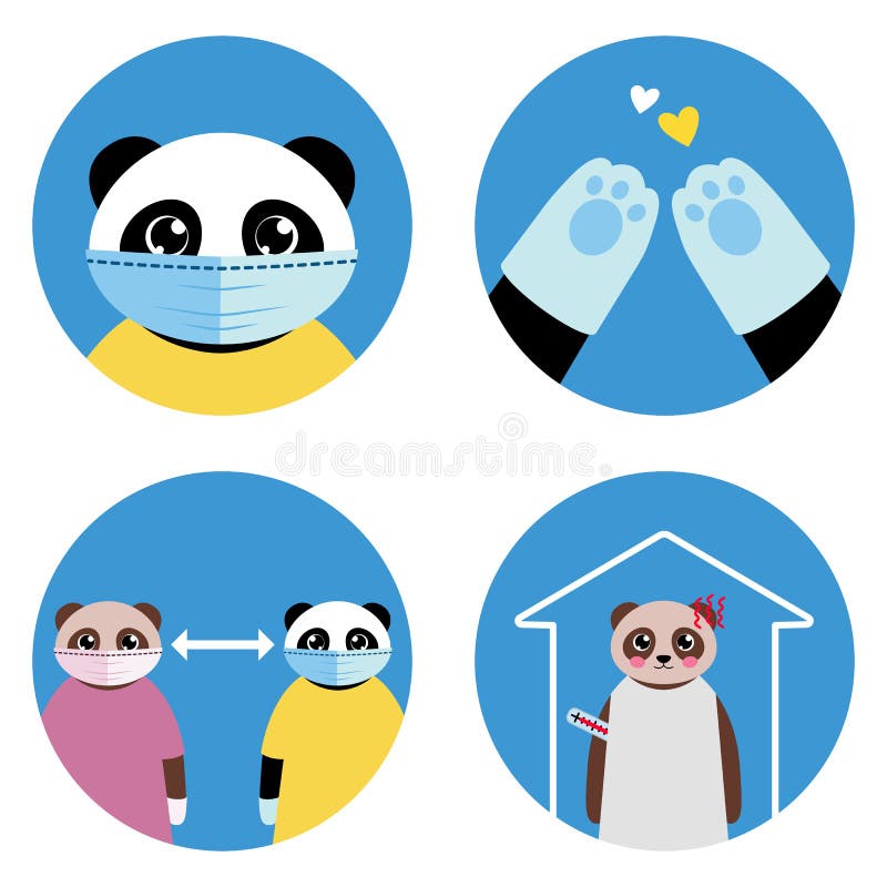 COVID-19 safety measures illustrated by cute cartoon cat. Icons