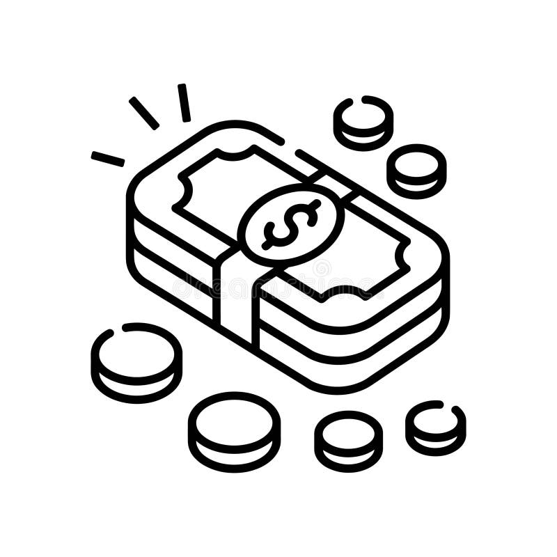 Stylized black and white line drawing of a stack of banknotes with a dollar sign and several coins scattered around. The banknotes are shown bound together, with the dollar sign prominently displayed, suggesting currency or financial themes. The coins are depicted in various sizes and are arranged loosely around the central stack, enhancing the monetary motif. The illustration is simplistic and illustrative, using bold outlines for emphasis. Stack vehicle vectors