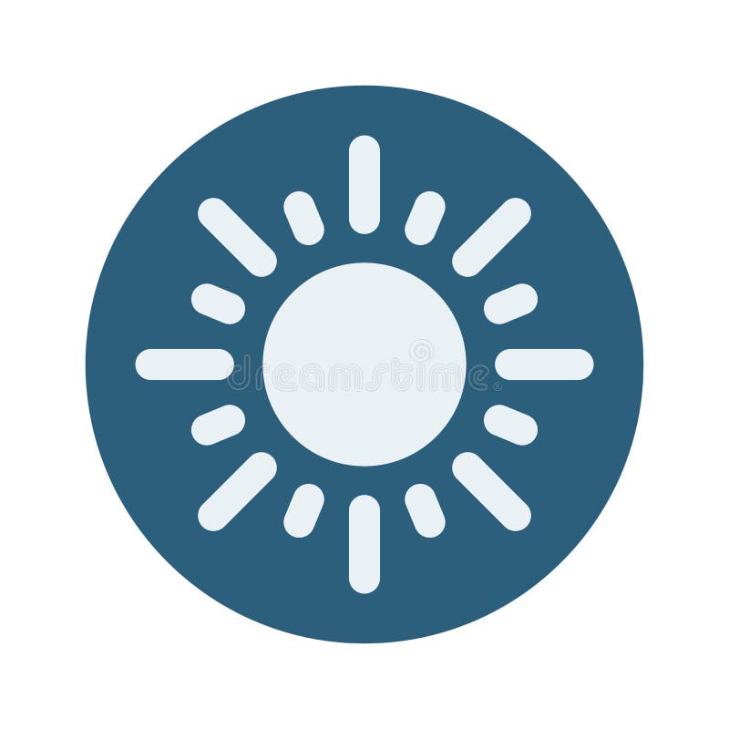 Flat vector light blue sun icon on round dark blue background. Simple sun symbol pictogram royalty free illustration