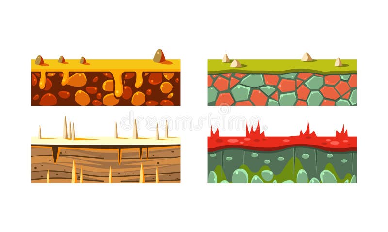 Flat vector set of 4 different seamless platforms for mobile game. Blocks with grass and sand. Gaming assets vector illustration Flat vector set of 4 different seamless platforms for mobile game. Blocks with grass and sand. Gaming assets vector illustration