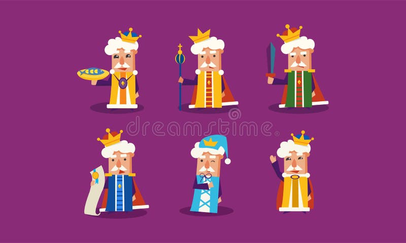 Flat vector set of funny cartoon king in different actions. Ruler of the Kingdom. Elements for children book or mobile royalty free illustration