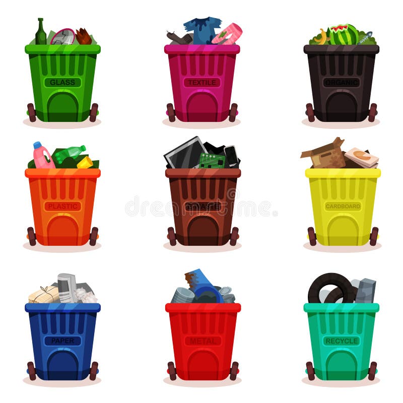 Flat vector set of plastic containers with different types of waste. Garbage bins with wheels. Icons related to trash vector illustration