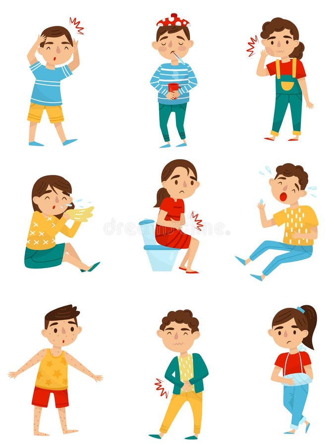 Flat vector set of sick children. Little boys and girls with different sicknesses. Cold, tooth pain, allergy or royalty free illustration Flat vector set of sick children. Little boys and girls with different sicknesses. Cold, tooth pain, allergy or royalty free illustration