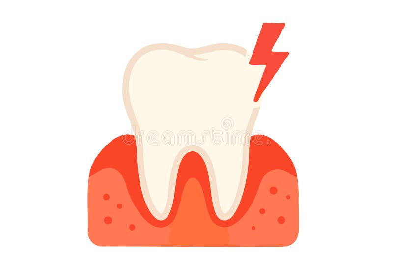 Flat vector tooth pain icon with red thunder symbol and inflamed gums, oral problem visualization, isolated stock illustration