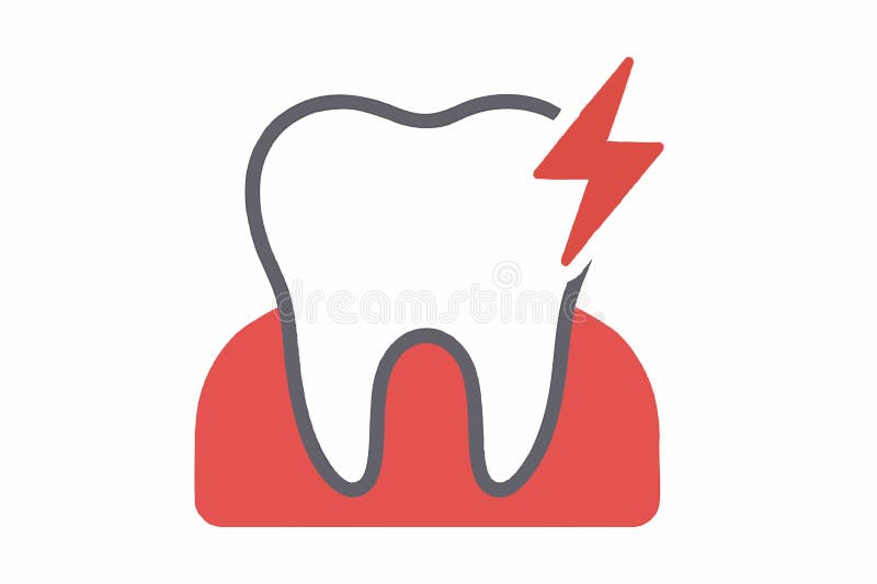 Flat vector tooth pain icon with red thunder symbol and inflamed gums, oral problem visualization, isolated royalty free illustration