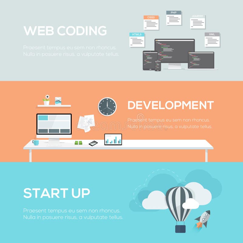 Flat web design concepts. Web coding, development and startup. royalty free illustration Flat web design concepts. Web coding, development and startup. royalty free illustration