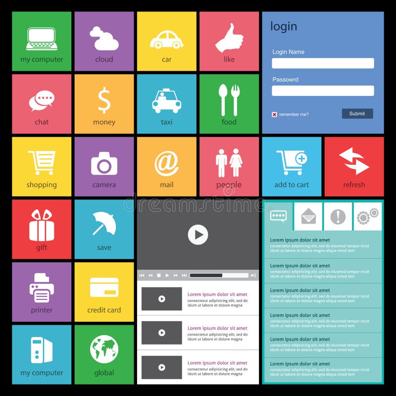 Flat Web Design, elements, buttons, icons. Templat stock illustration