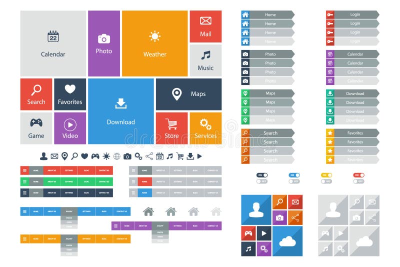 Flat Web Design elements, buttons, icons. Templates for website. royalty free illustration