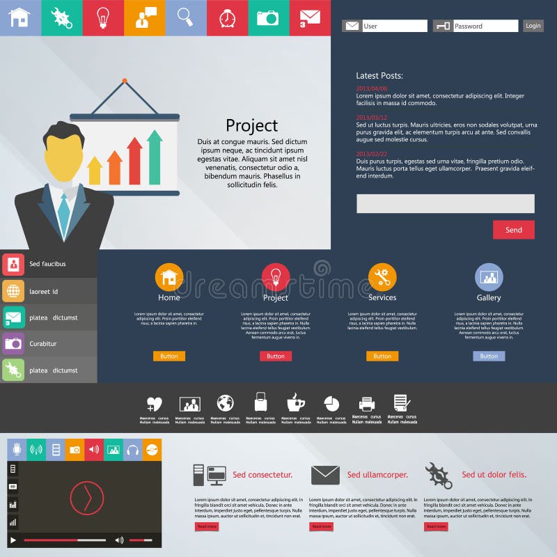 Flat web design elements, buttons, icons. Website template. royalty free illustration