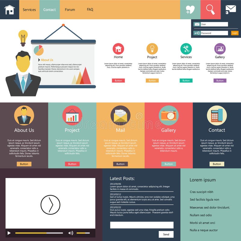 Flat web design elements, buttons, icons. Website template. royalty free illustration