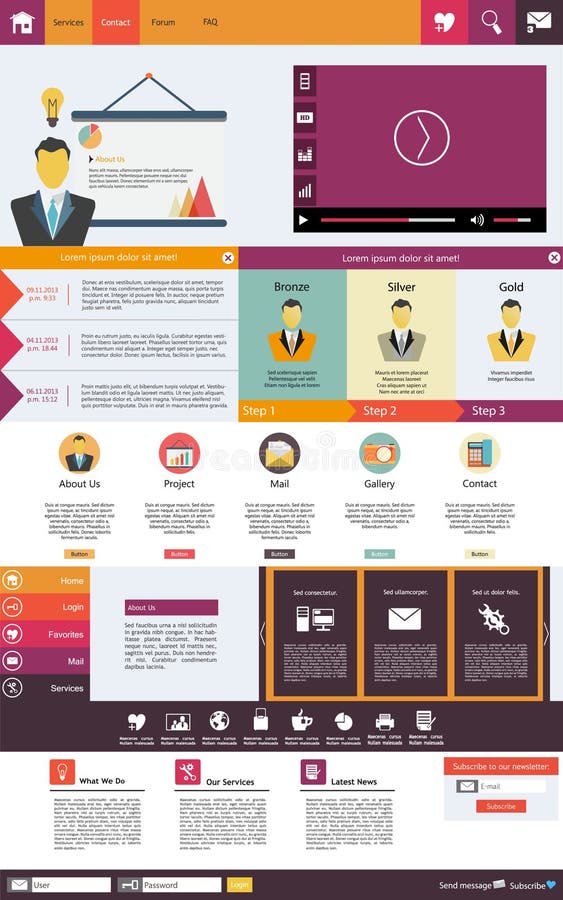 Flat web design elements, buttons, icons. Website template. royalty free illustration