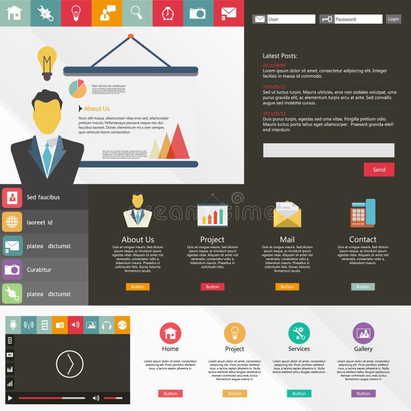 Flat web design elements, buttons, icons. Website template. in editable vector format