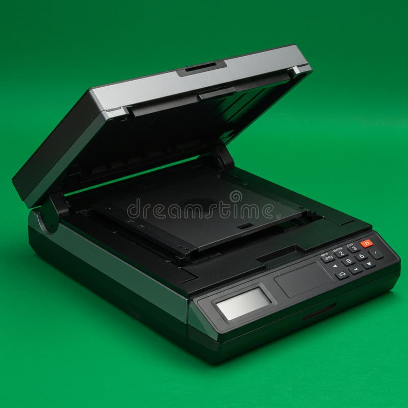 Flatbed scanner with its lid open against a solid green background. Features a sleek vector illustration