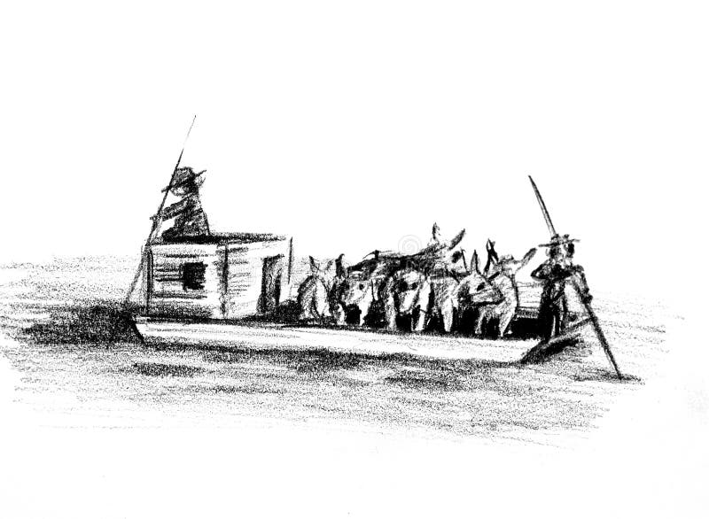 Illustration of a flatboat with livestock on board. Illustration of a flatboat with livestock on board