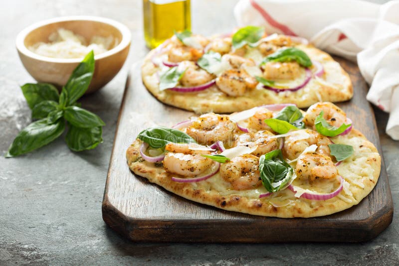 Flatbread with Cheese and Garlic Shrimp Stock Image Image of cuisine