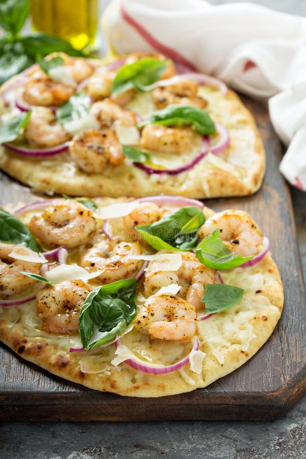 Flatbread with Cheese and Garlic Shrimp Stock Photo Image of