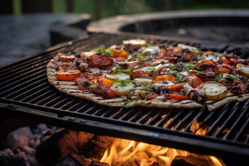 Flatbread Pizza on a Grill Outdoors, Smoke Curling Up Stock Photo