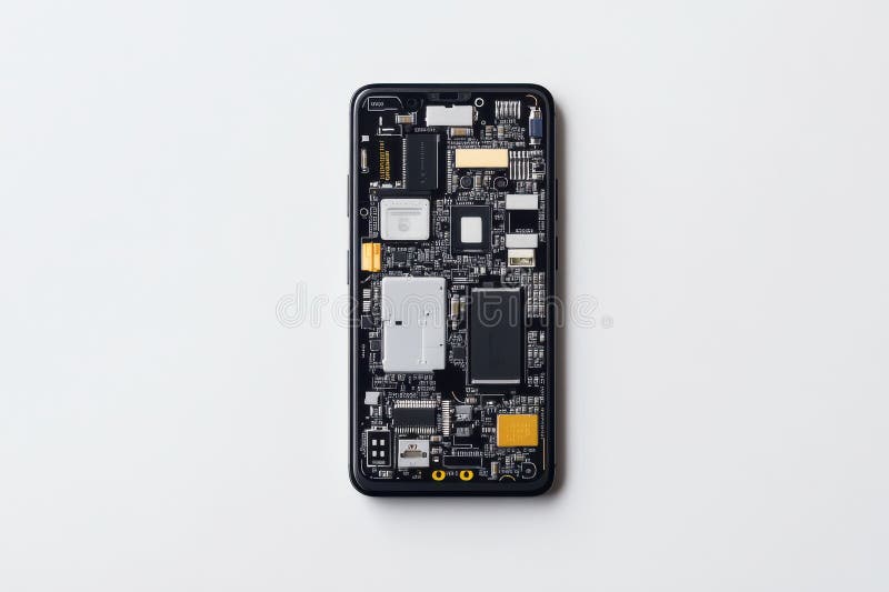 Flatlay Composition of Disassembled Smartphone Components on White stock photo