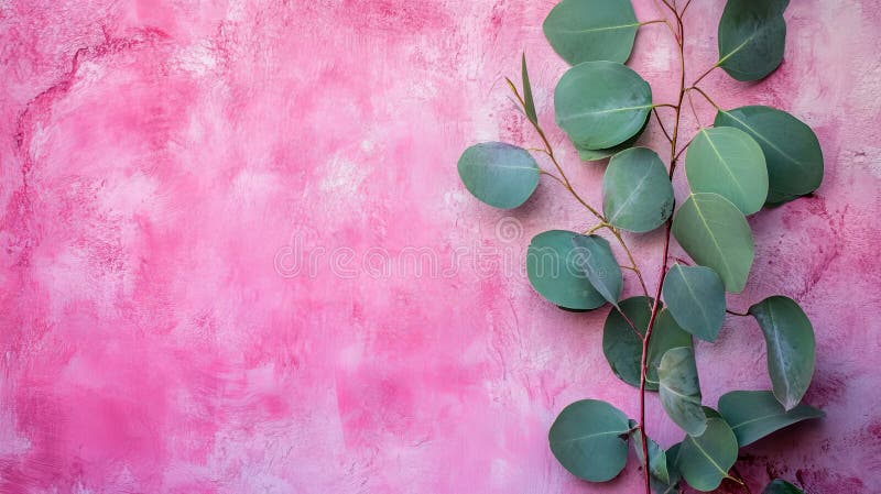 A flatlay design template with eucalyptus leaves against a pink background, featuring copy space royalty free stock images