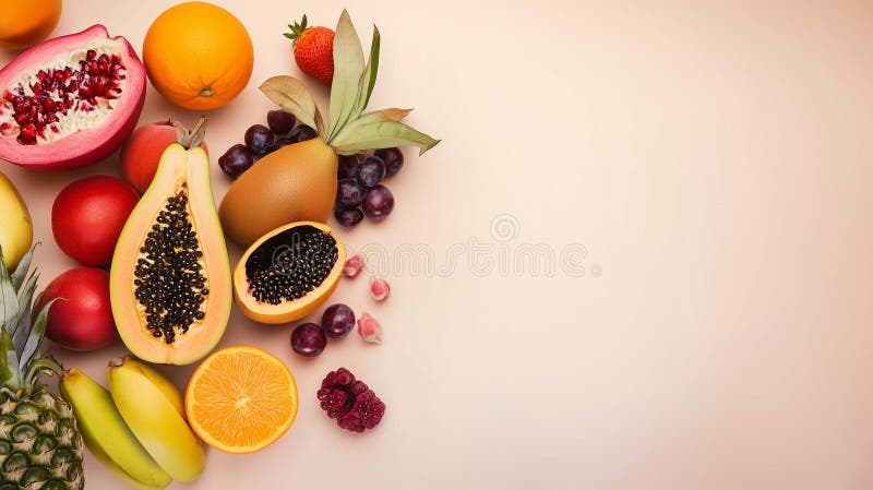 Flatlay di frutta tropicale elegante in pastel Peach con spazio di copia creato con strumenti generici AI illustrazione di stock