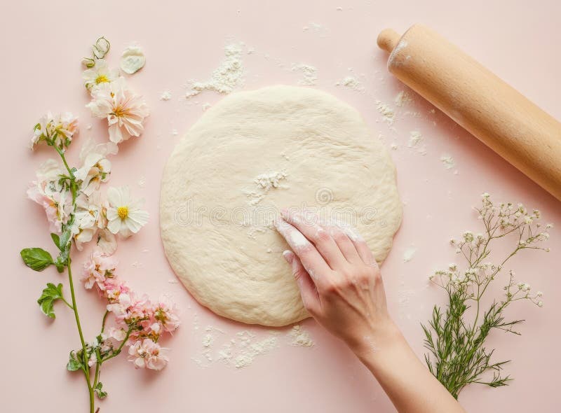 Flatlay of flour-dusted dough with hand and spring flowers on pastel surface stock illustration