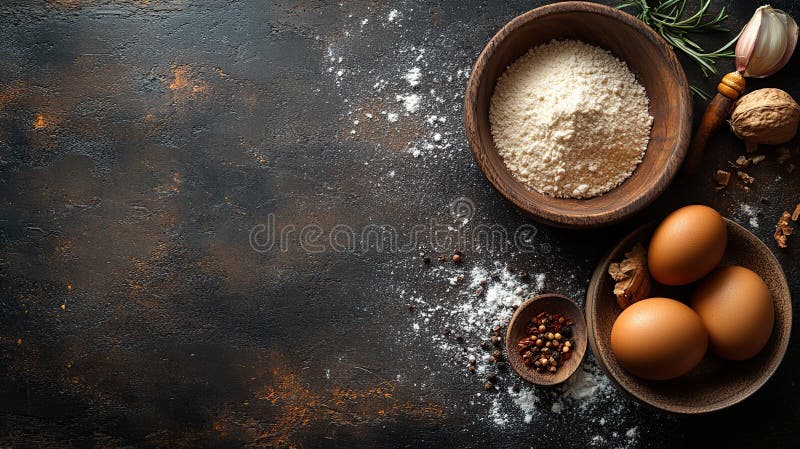 Flatlay of flour, eggs, spices, and nuts on dark background, high-resolution background Generative AI