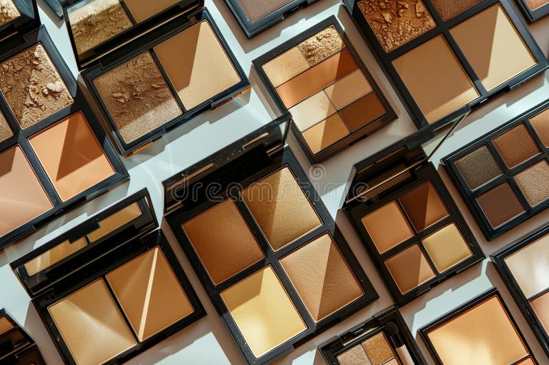 A flatlay showcasing various contouring and highlighting palettes arranged on a white surface. Generative AI royalty free stock images